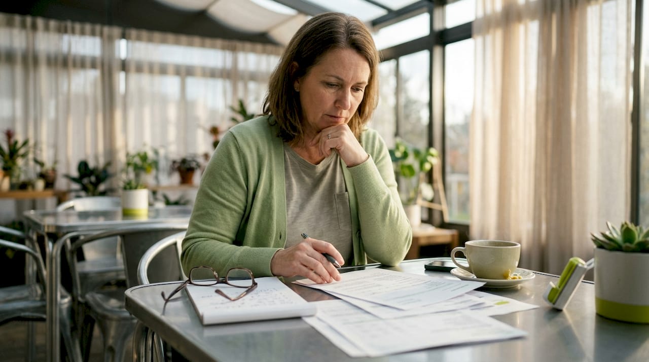 Grower reviewing financial documents at table