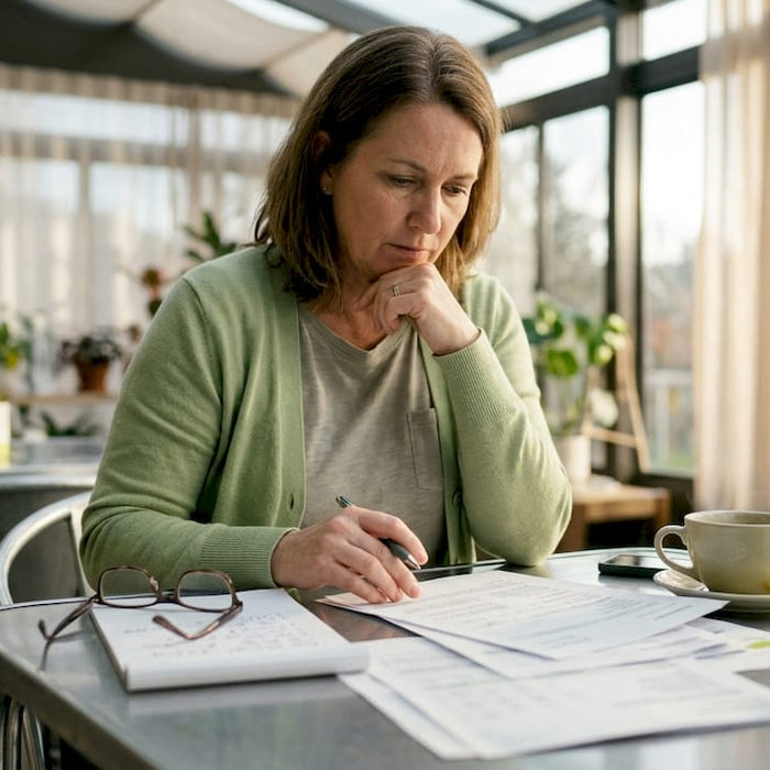 Grower reviewing financial documents at table