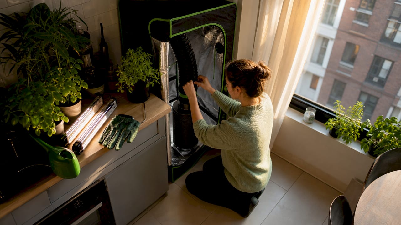 Woman setting up compact grow tent in apartment corner