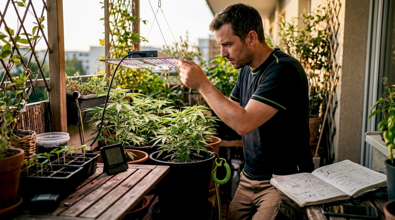 Gardener adjusting LED grow light in indoor tent