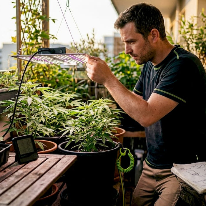 Gardener adjusting LED grow light in indoor tent