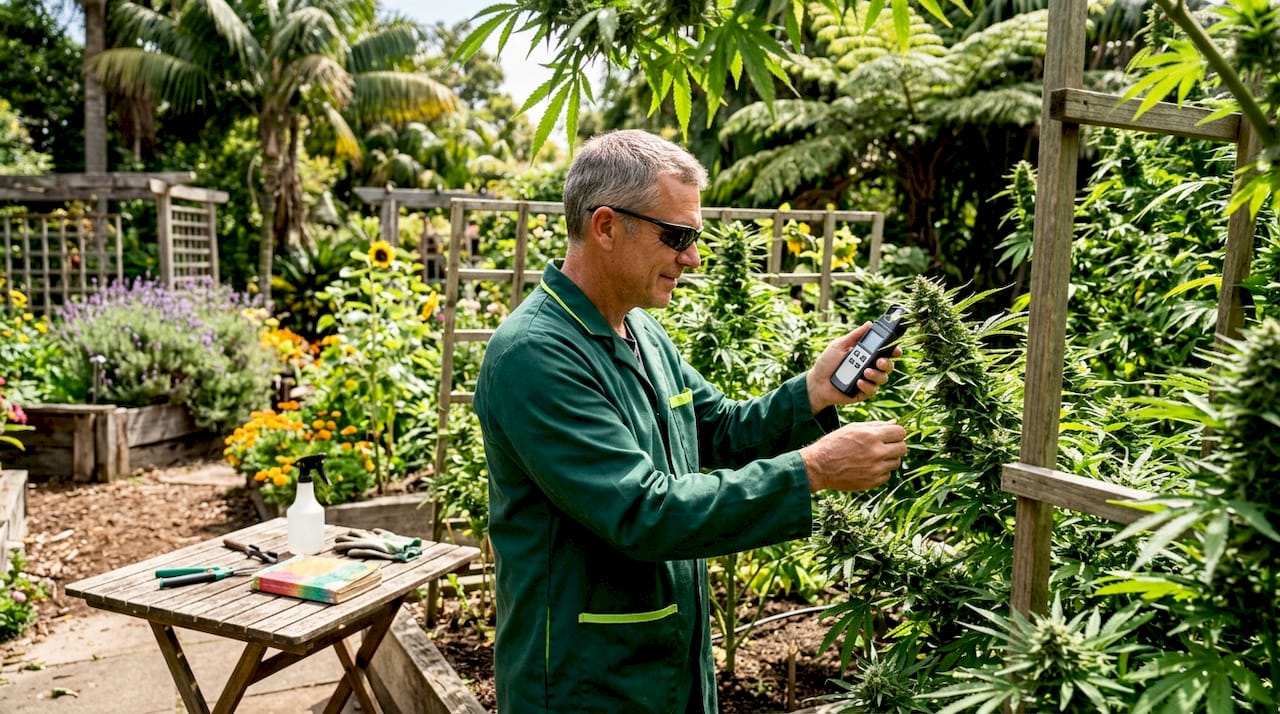 Horticulturist inspecting plants under UV-B light indoors