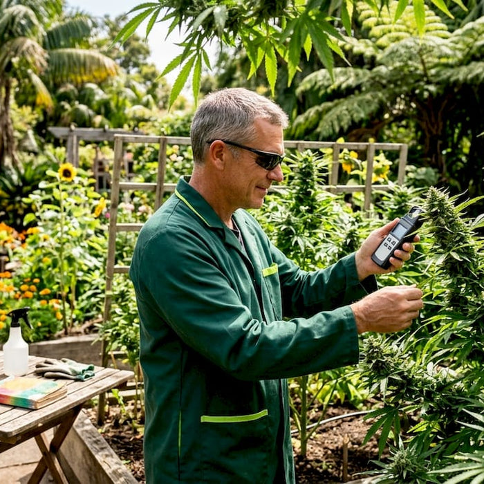 Horticulturist inspecting plants under UV-B light indoors