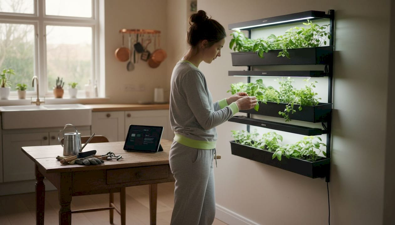 Home vertical garden with wall mounted grow lights