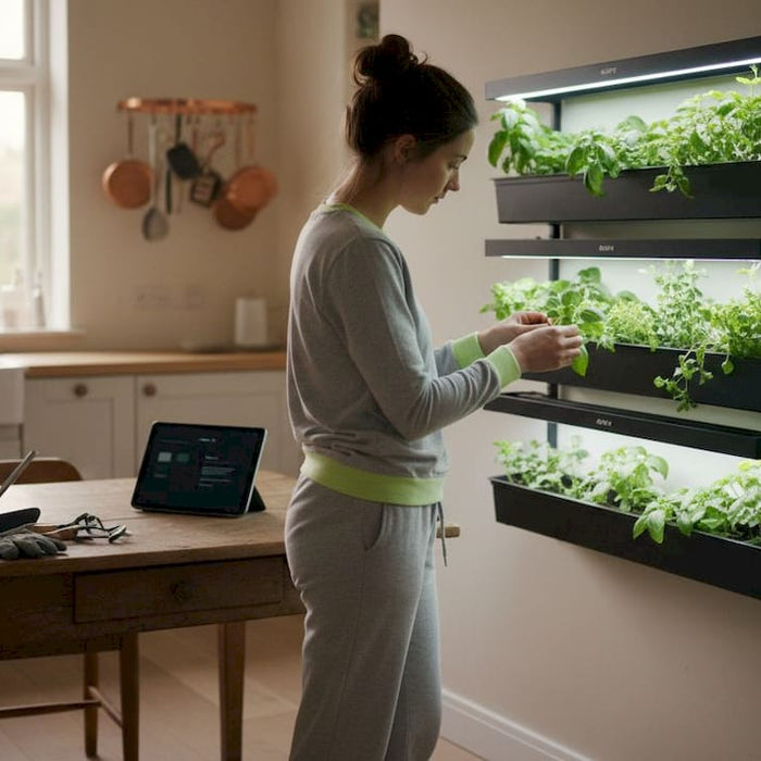 Home vertical garden with wall mounted grow lights