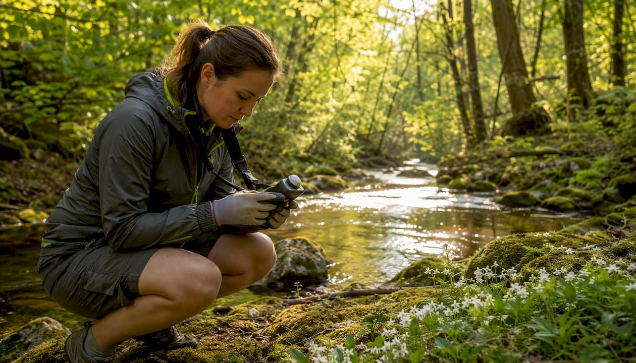 Botanist measuring diffuse light in forest canopy