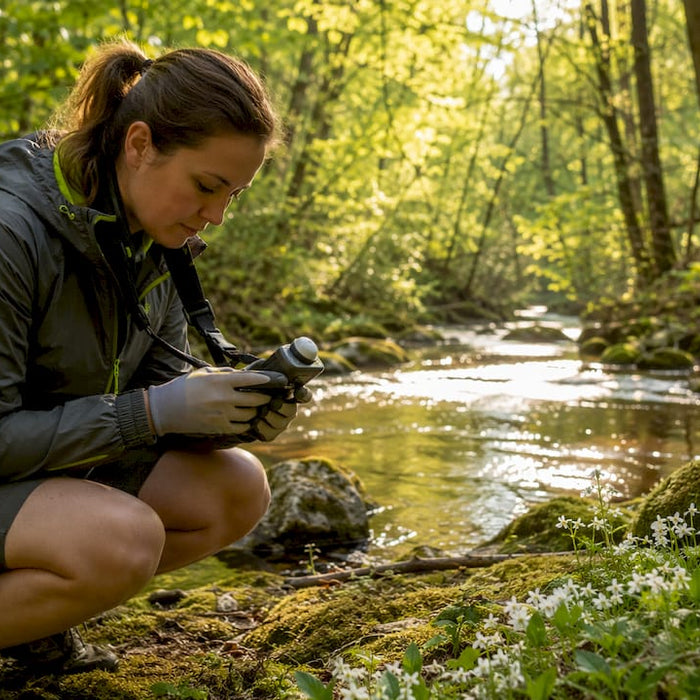 Botanist measuring diffuse light in forest canopy
