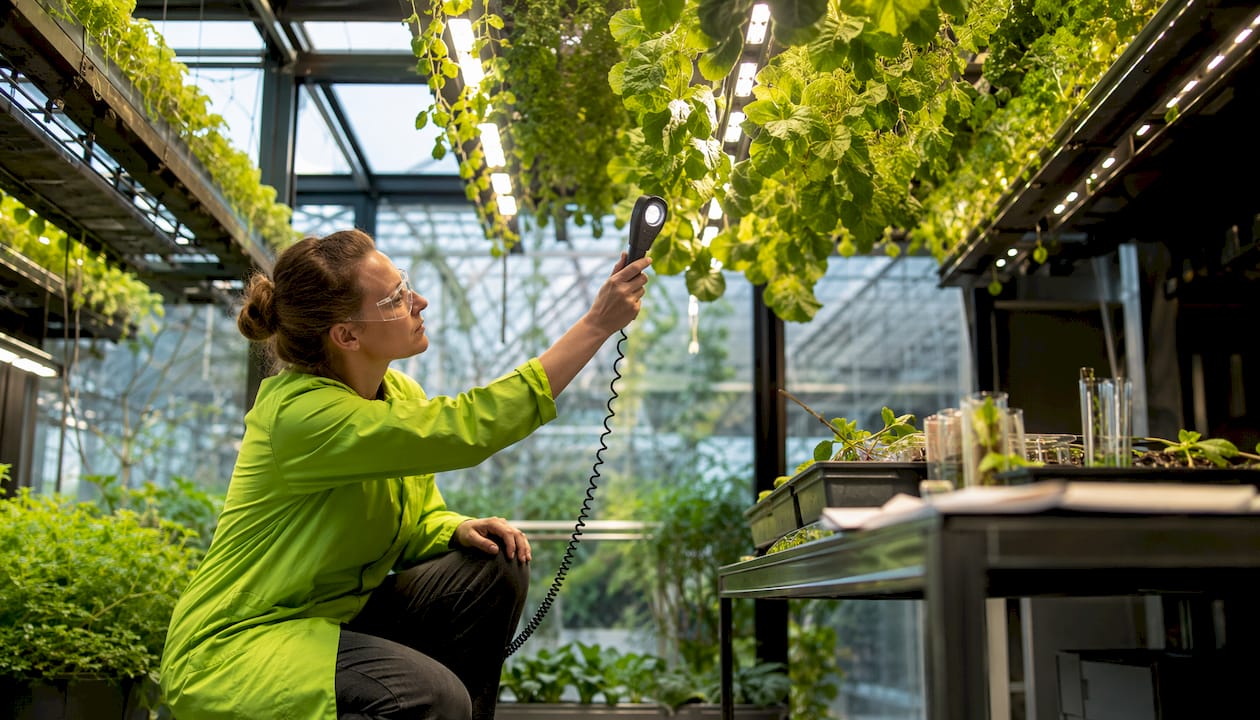 Technician measuring light uniformity in grow facility
