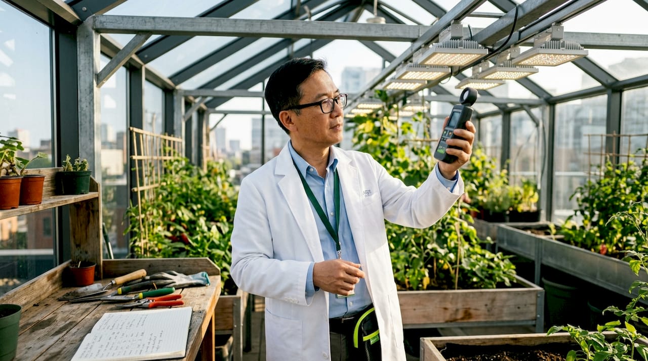 Scientist testing LED fixture efficacy in lab