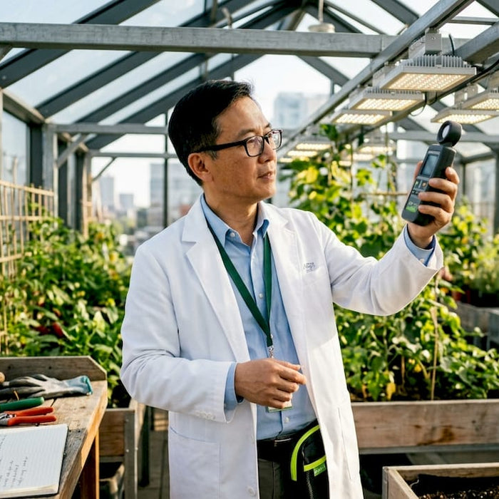 Scientist testing LED fixture efficacy in lab