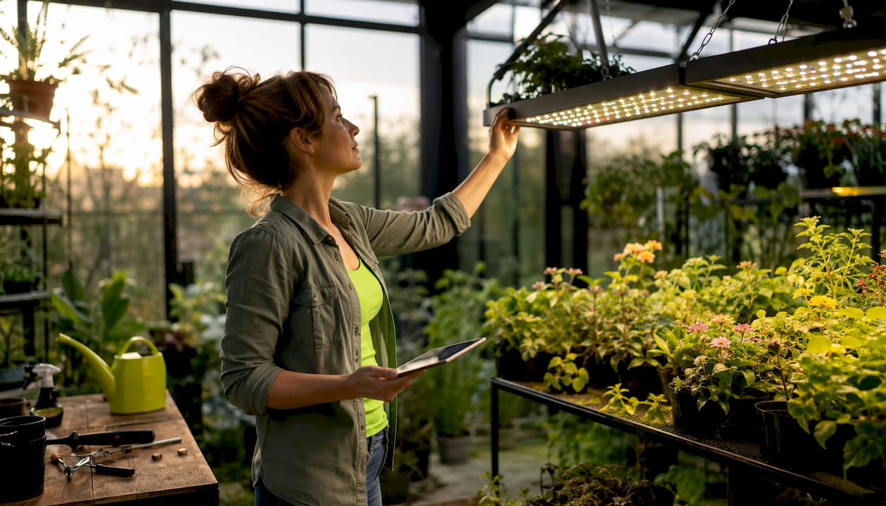 Woman inspecting LED grow light in indoor garden