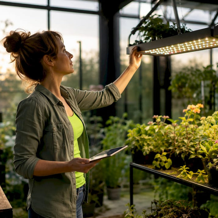 Woman inspecting LED grow light in indoor garden
