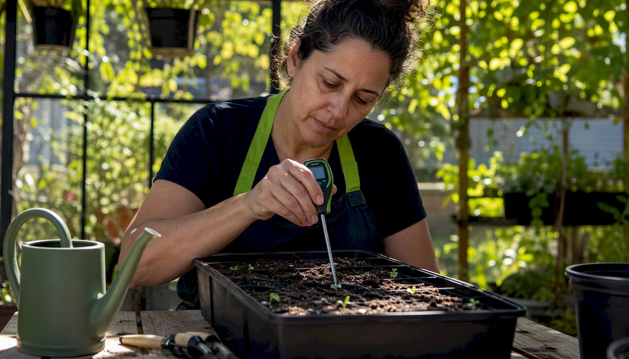 Woman inserting soil thermometer into seed tray