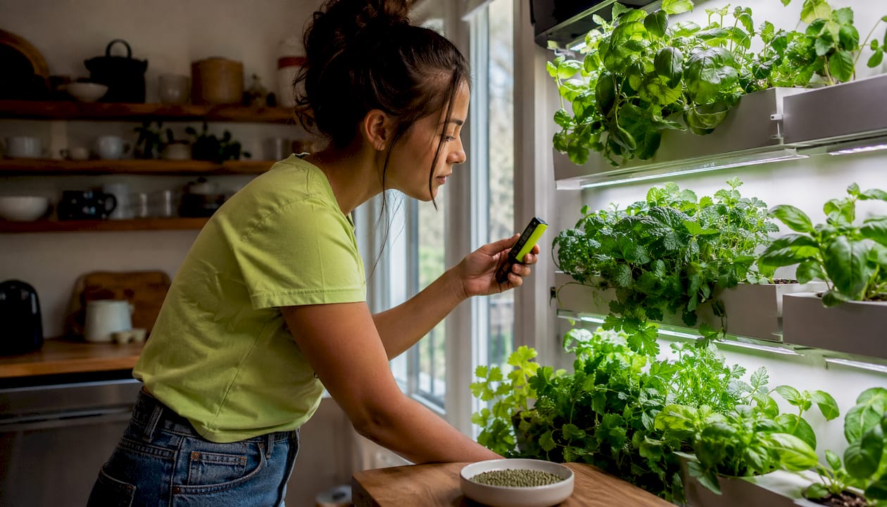 Woman inspecting wall-mounted hydroponic grow system