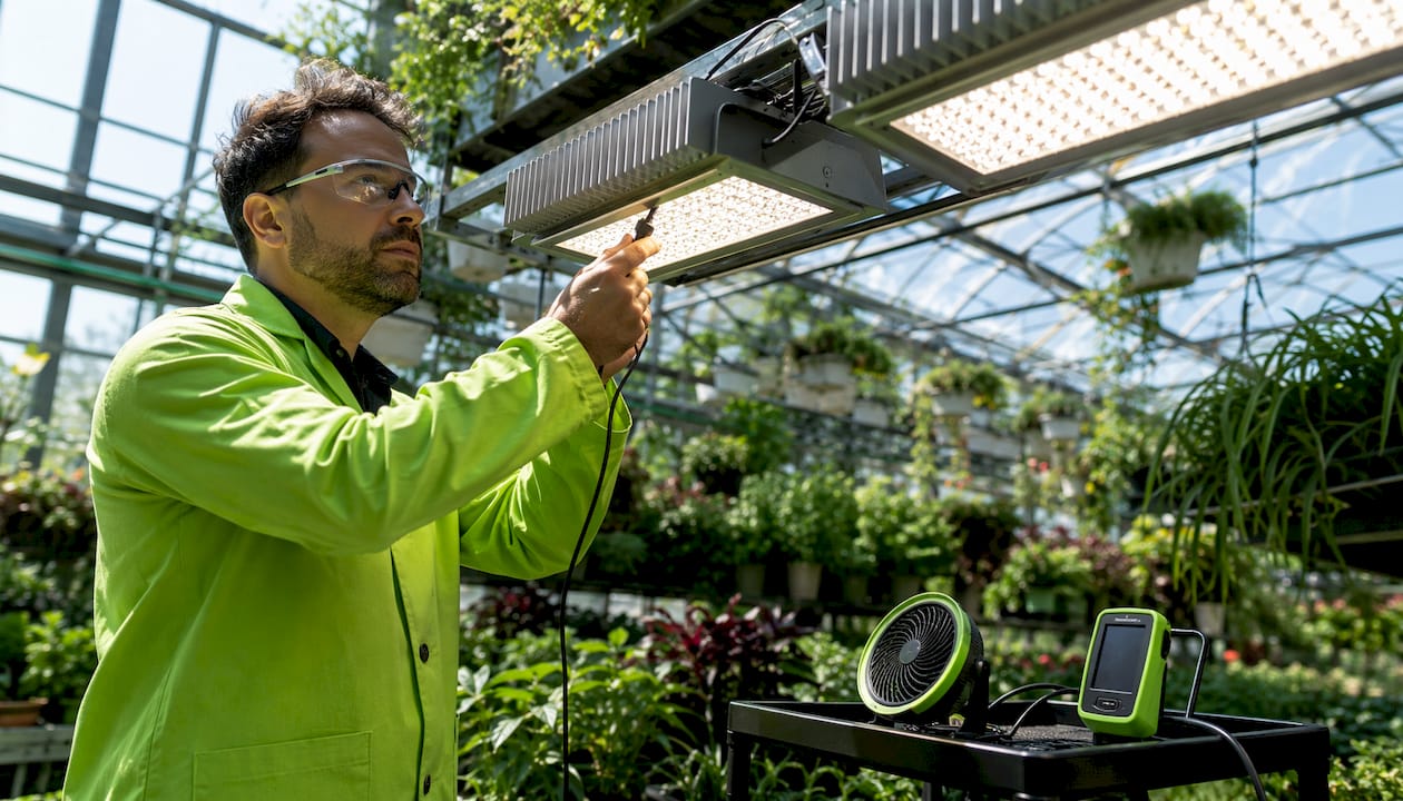 Technician measuring temperature on LED grow light heatsink