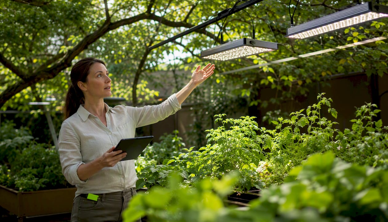 Horticulturist in LED grow room adjusting lighting for pests