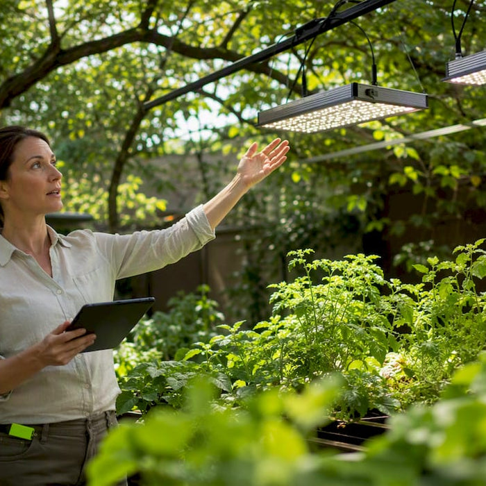Horticulturist in LED grow room adjusting lighting for pests