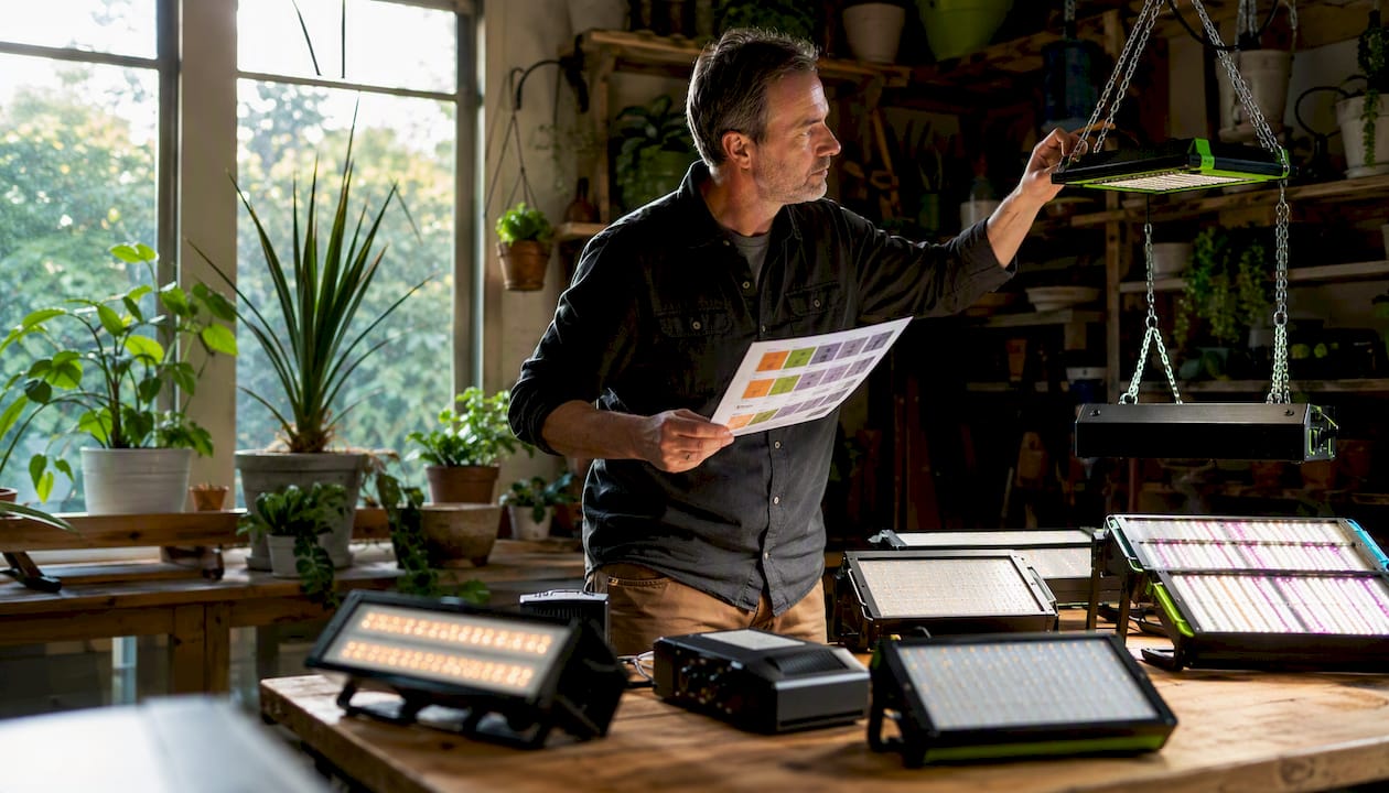 Man comparing LED grow lights in greenhouse