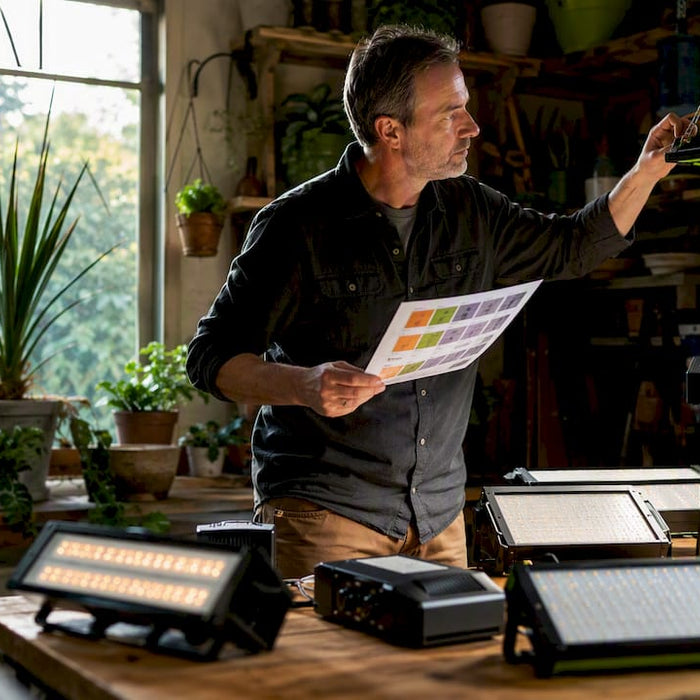Man comparing LED grow lights in greenhouse