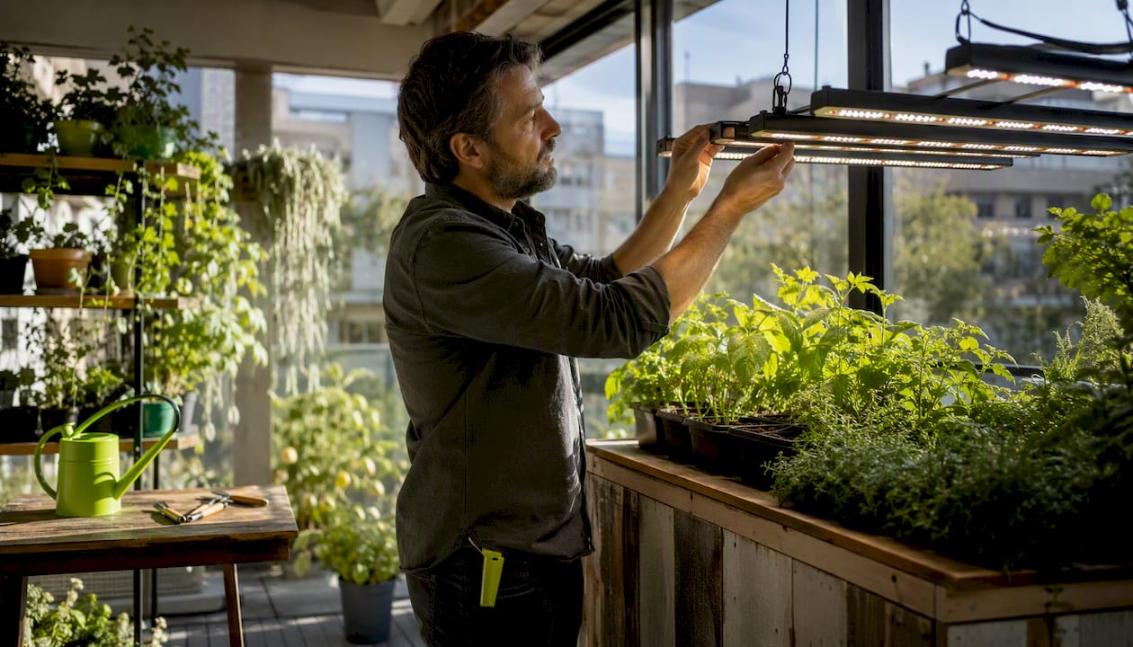 Man adjusting LED grow lights over indoor garden