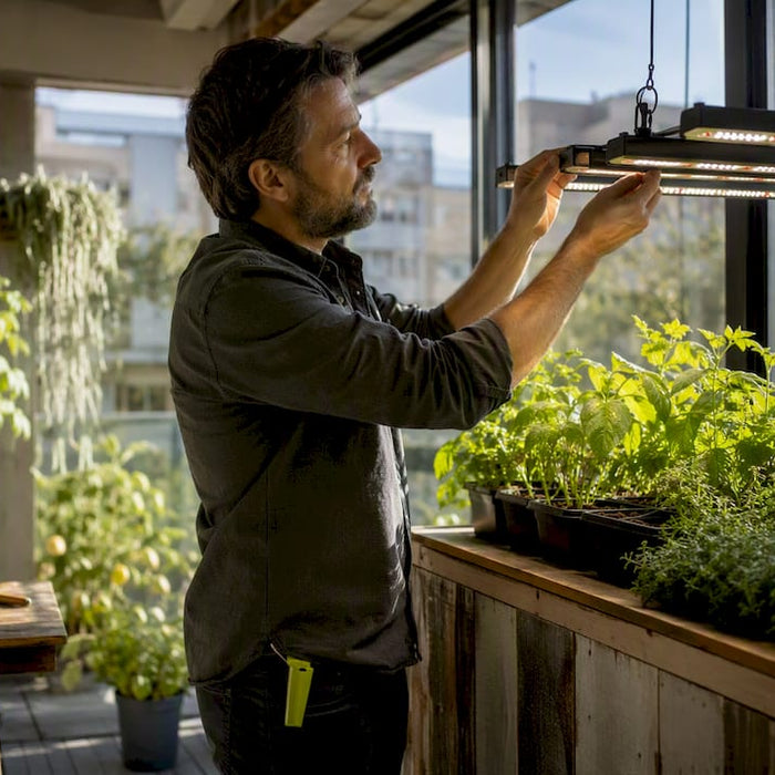 Man adjusting LED grow lights over indoor garden