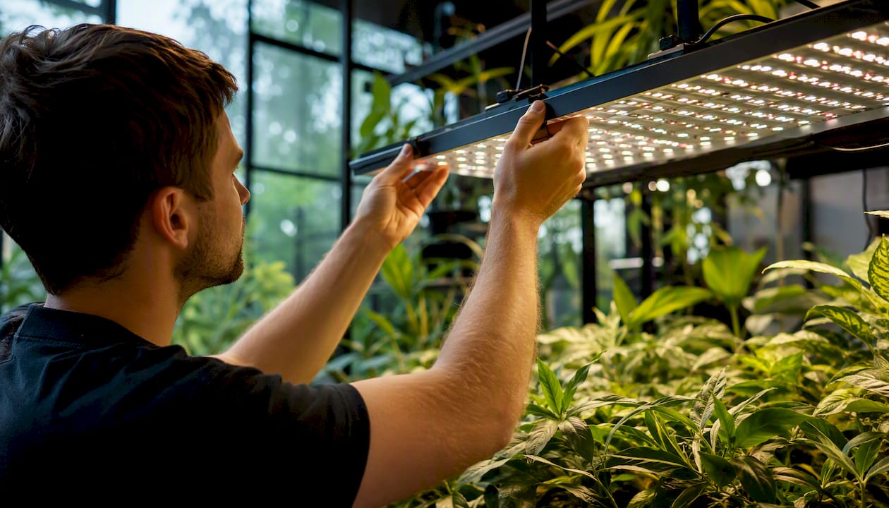 Person adjusting LED grow light over plants