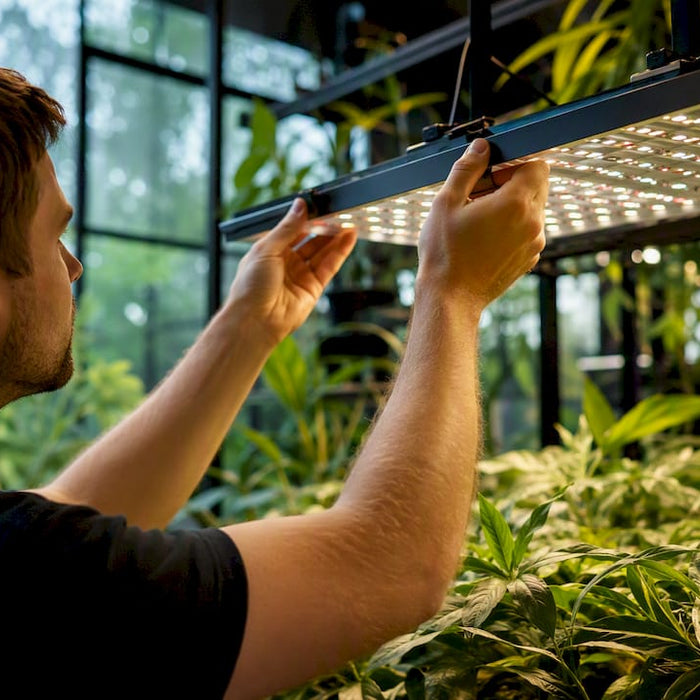Person adjusting LED grow light over plants