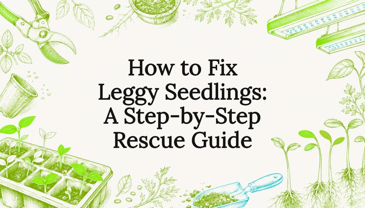 Decorative blog title card with gardening tools and seedlings