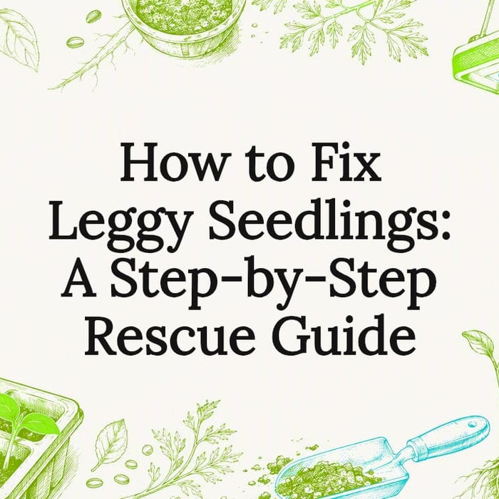 Decorative blog title card with gardening tools and seedlings