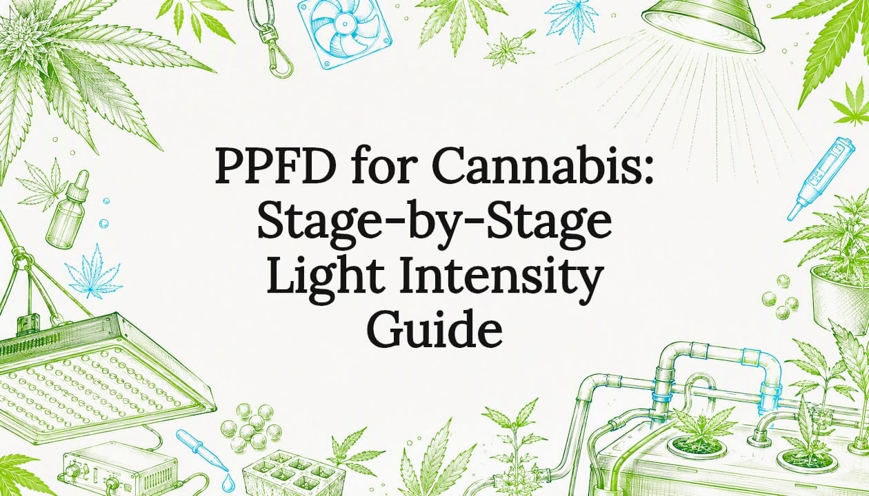Decorative title card illustration with cannabis and lighting motifs