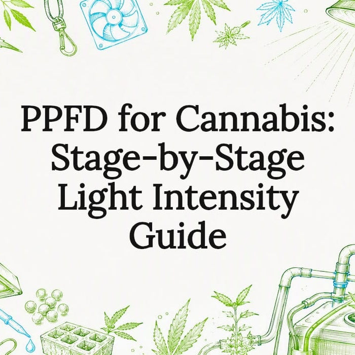 Decorative title card illustration with cannabis and lighting motifs
