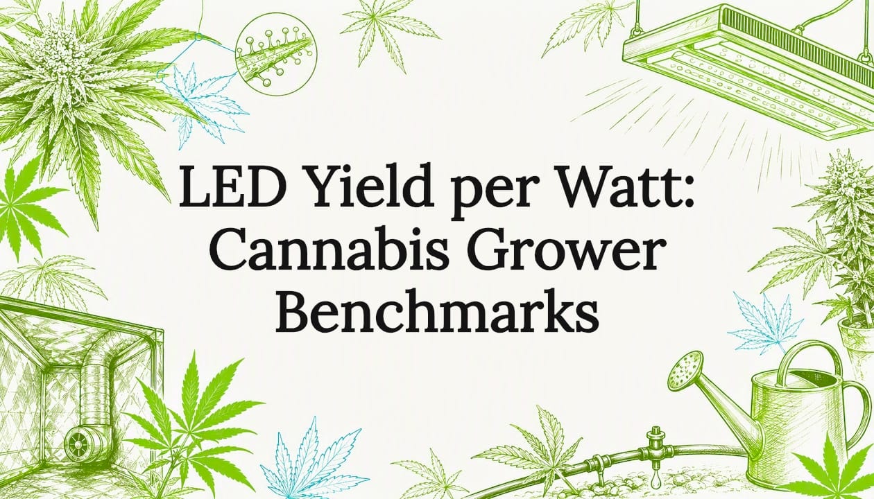Decorative illustrated title card with cannabis and LED grow light sketches