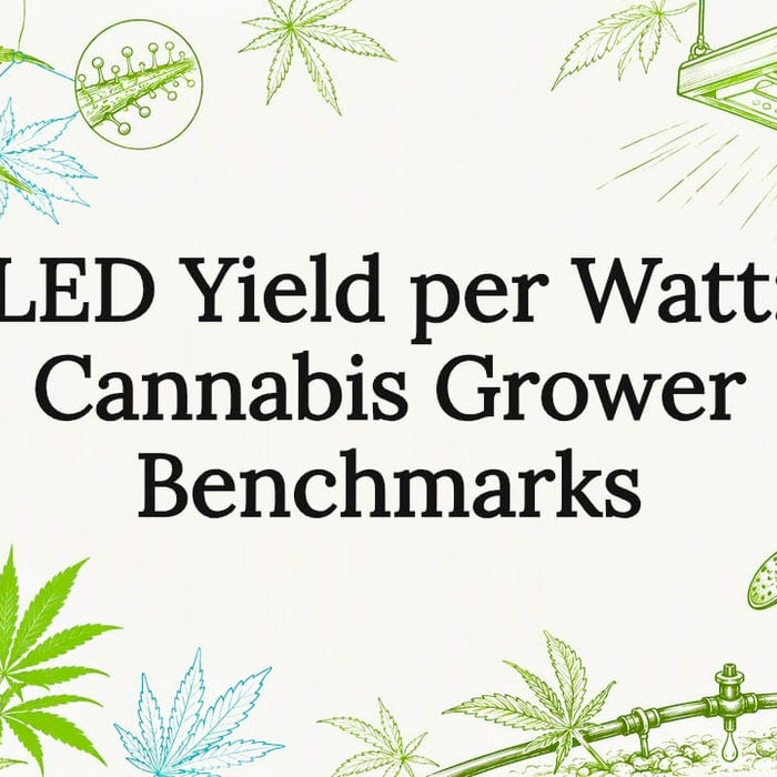 Decorative illustrated title card with cannabis and LED grow light sketches