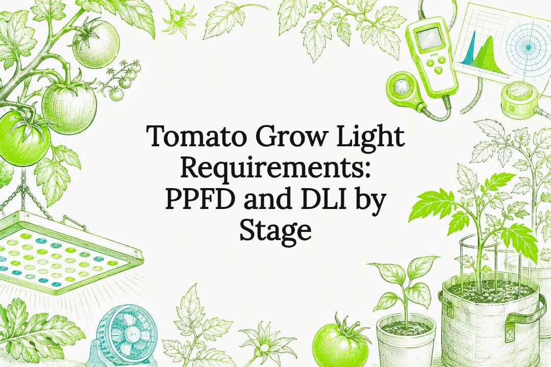 Decorative title card illustration for tomato grow light article