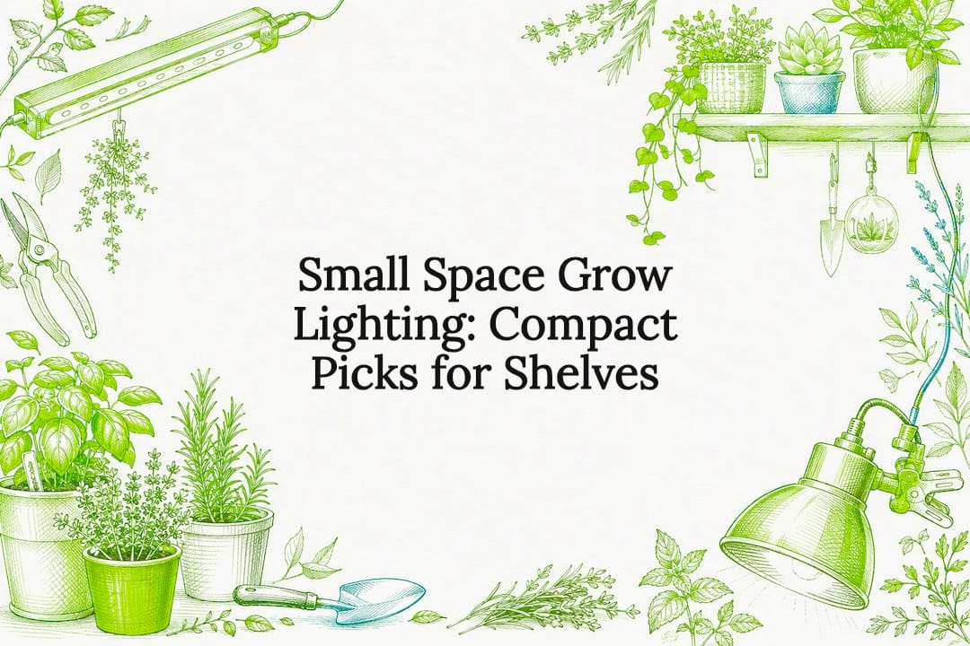 Decorative title card illustration with grow lights and plants