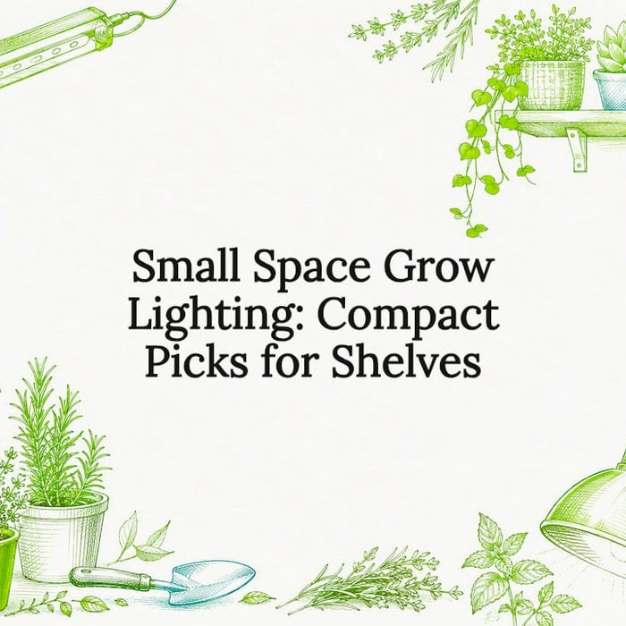 Decorative title card illustration with grow lights and plants
