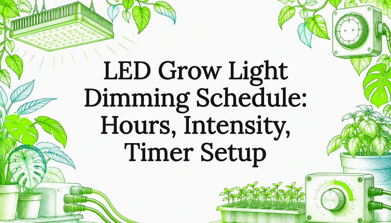 Illustrated title card with grow light details