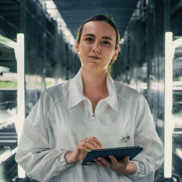An agricultural engineer smiles as she stands in an aisle between two shelves of vertical grow racks with LED lights.