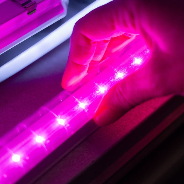 A hand reaches over and adjusts an LED grow light bulb. The bulb emits pink, sparkling light in a dark room.