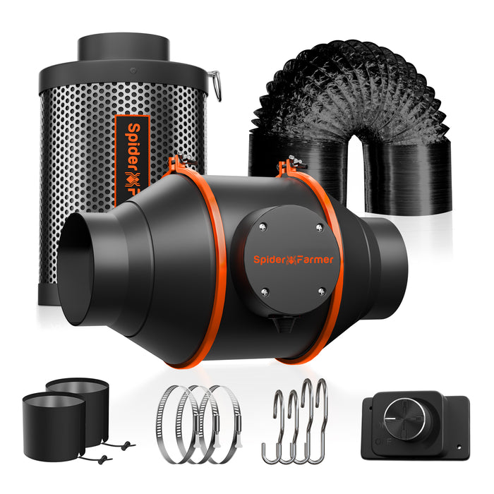 Spider Farmer 4-Inch 205 CFM Inline Fan with Speed Controller, Carbon Filter & Ducting Combo  - LED Grow Lights Depot