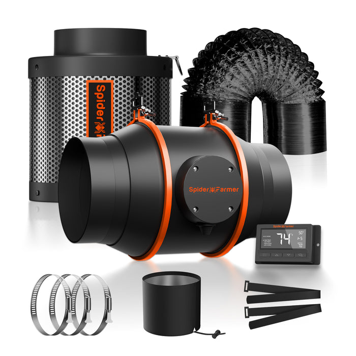 Spider Farmer 6-Inch Inline Fan with Smart Controller, Carbon Filter & Ducting Combo 402 CFM - LED Grow Lights Depot