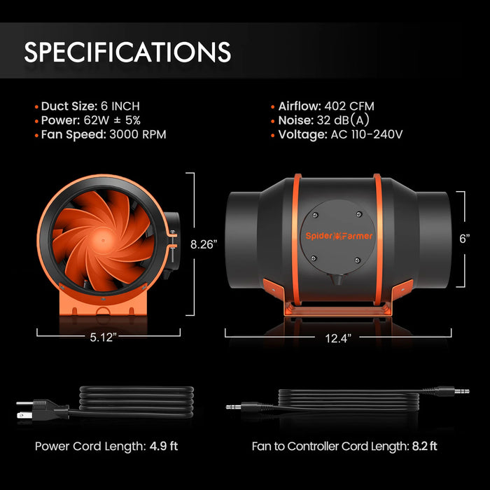 Spider Farmer 6-Inch 402 CFM Inline Fan with Speed Controller Spider Farmer 6-Inch 402 CFM Inline Fan with Speed Controller