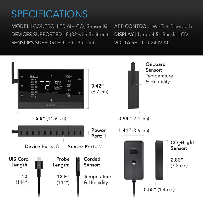 thumbnail image 2 of AC Infinity CO2 + Light Sensor - Smart Environmental Controller For Grow Spaces With AI Learning & Scheduling 2 of 6