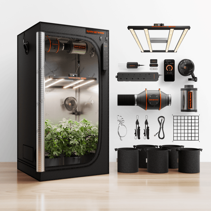 Spider Farmer 3'x3' Complete Grow Tent Kit | G3000 WiFi & Bluetooth App-Controlled LED | 4" Ventilation System with 6" Clip Fan | GGS AC5 Power Strip Kit | GGS Soil Sensor - LED Grow Lights Depot