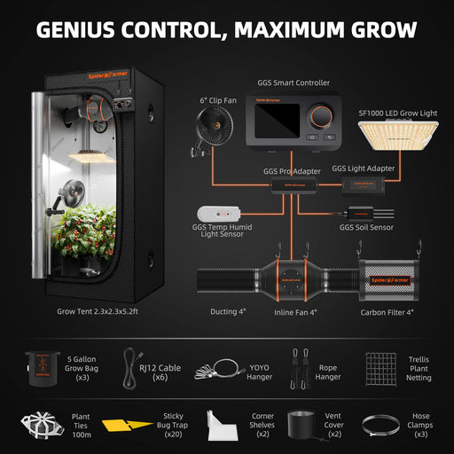 Spider Farmer 2.3'x2.3' Complete Grow Tent Kit | SF1000 100W Full Spectrum LED | 6" Clip Fan | 4" Ventilation System with GGS Controller | GGS Soil Sensor - LED Grow Lights Depot