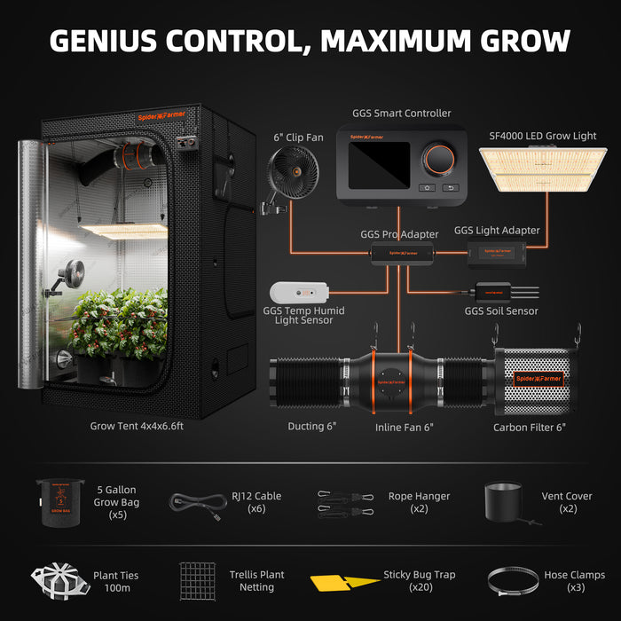 Spider Farmer 4'x4'x6.5' Complete Grow Tent Kit | SF4000 450W Full Spectrum LED | 6" Clip Fan | 6" Ventilation System with GGS Controller | GGS Soil Sensor - LED Grow Lights Depot