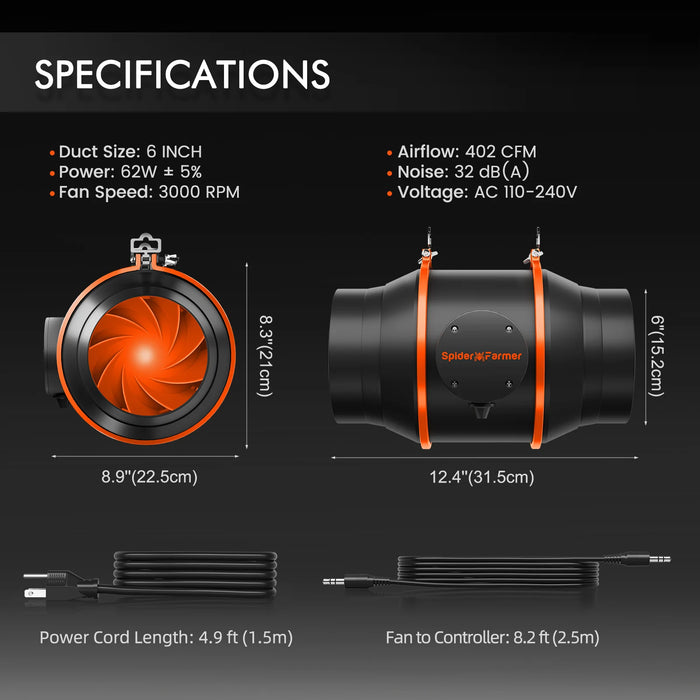 Spider Farmer 6-Inch Inline Fan with Smart Controller, Carbon Filter & Ducting Combo 402 CFM - LED Grow Lights Depot