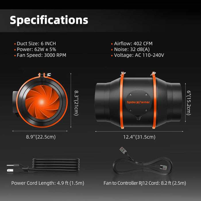 Spider Farmer 6-Inch Inline Fan | 402 CFM with Speed Controller, RJ12 Port | GGS Controller Compatible - LED Grow Lights Depot