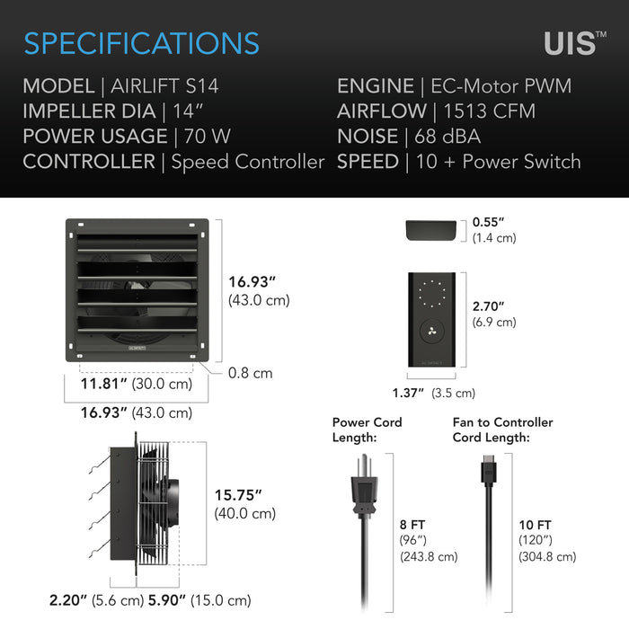 AC Infinity Airlift S14 Shutter Exhaust Fan | Speed Controller | 14" Exhaust Fan - LED Grow Lights Depot