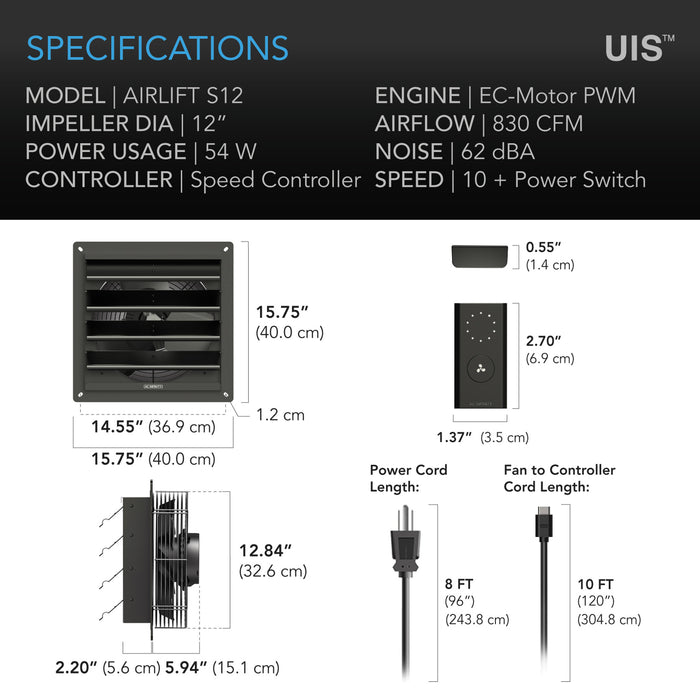 AC Infinity Airlift S12 Shutter Exhaust Fan | Speed Controller | 12" Exhaust Fan - LED Grow Lights Depot